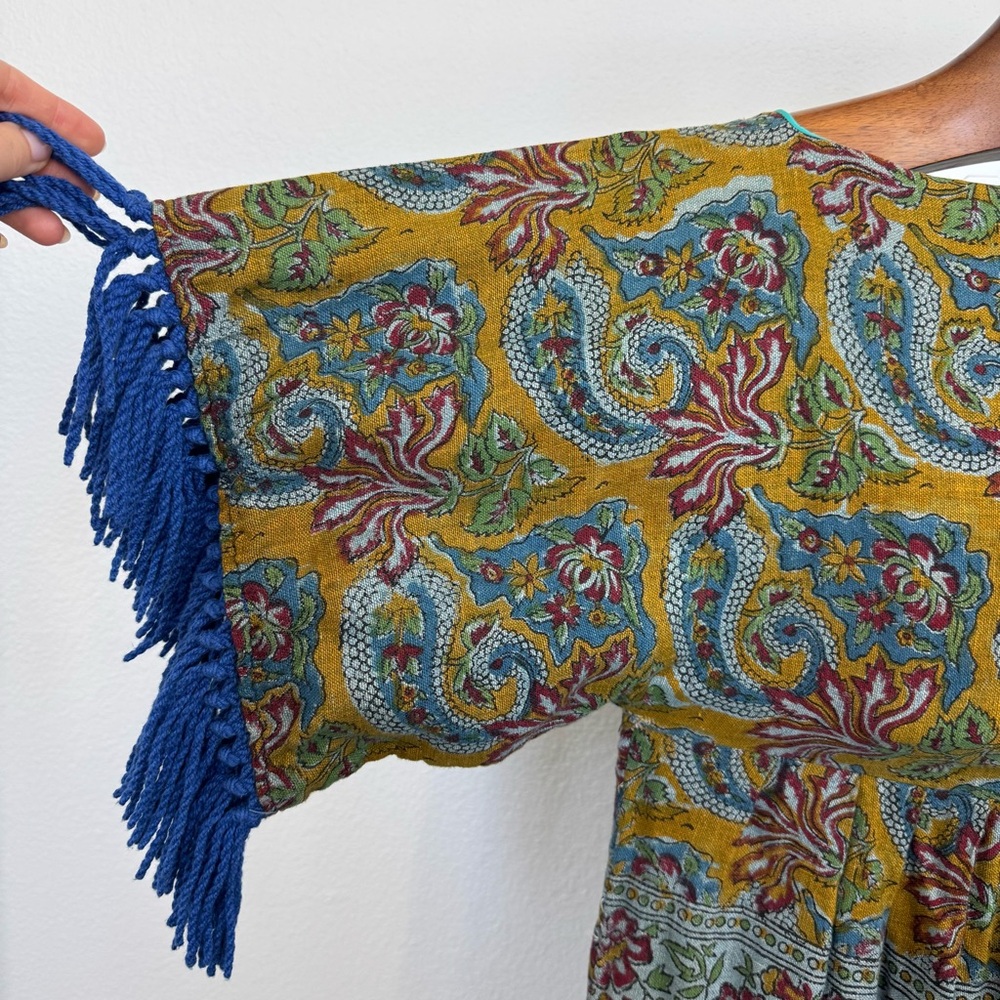 Boho Paisley Fringe Tunic Dress Festival Hippie Folk Kimono Tassel Mini OS - Picture 7 of 12